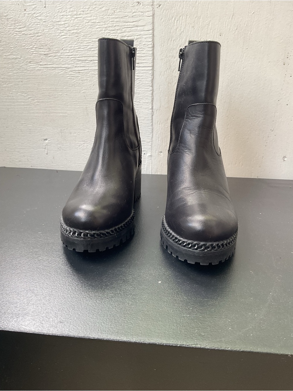 Black Leather Platform Ankle Booties with Chain-Trim Sole